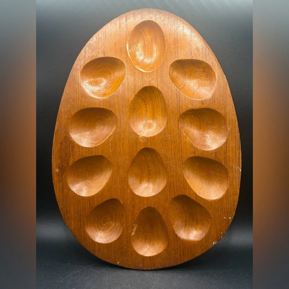 Vintage Handmade Wooden Egg Shaped Deviled Egg Dish Plate Server Serveware Decor